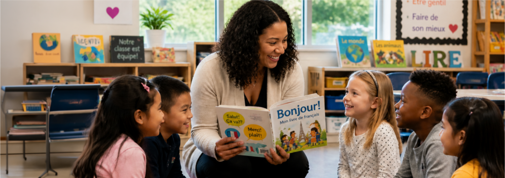 Educator reading a French-language book to a small group of children seated together in a classroom.