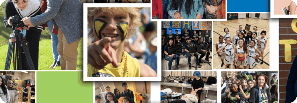 Collage of students participating in school activities, including media production, arts, music, athletics, technology, and school events.